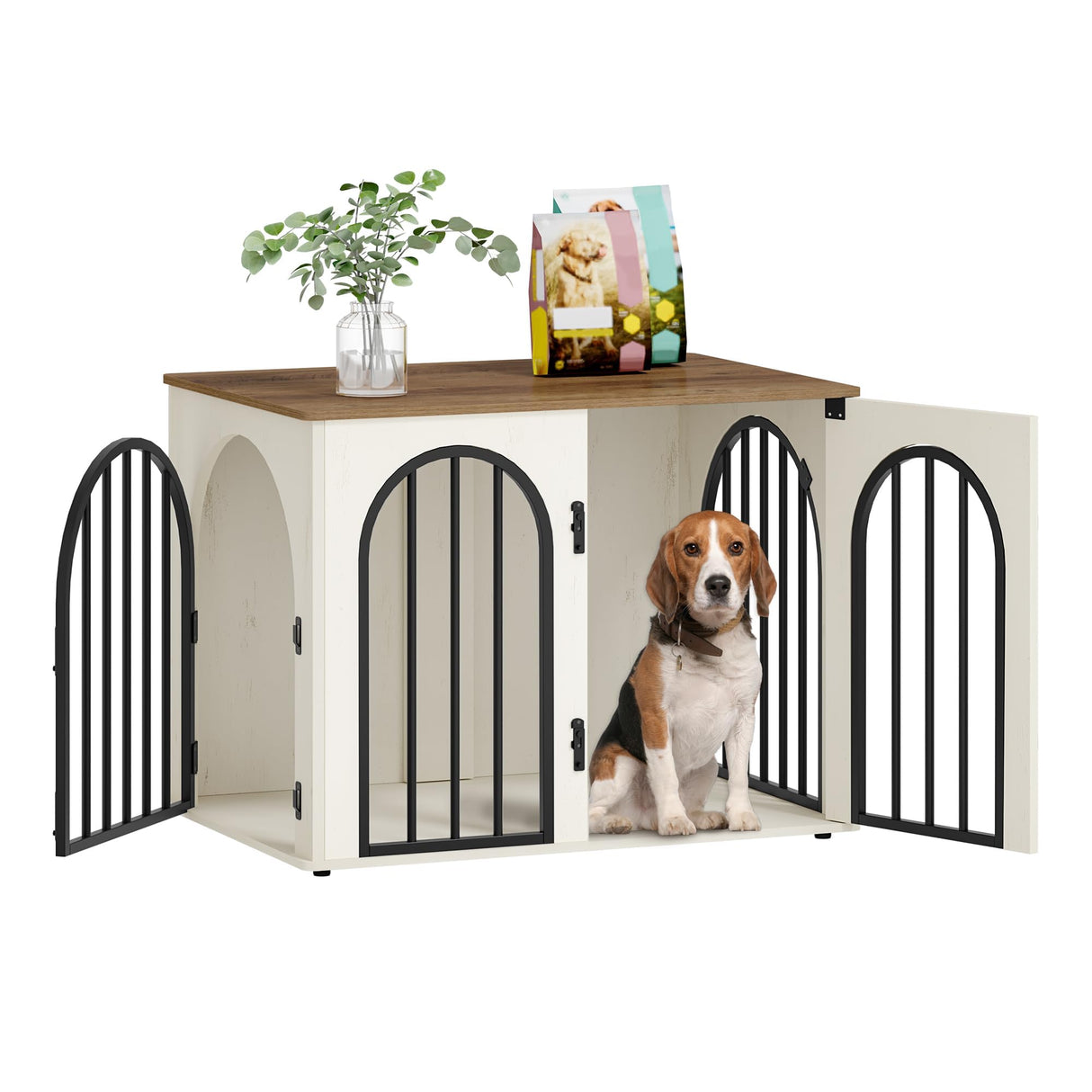 Hzuaneri 31.5'' Wooden Dog Crate Furniture, Indoor Dog Kennel Dogs Cage for Small/Medium Dogs, Heavy Duty Dog Crates Decorative Pet House End Side Table TV Stand, White Brown DFC85114B Hzuaneri