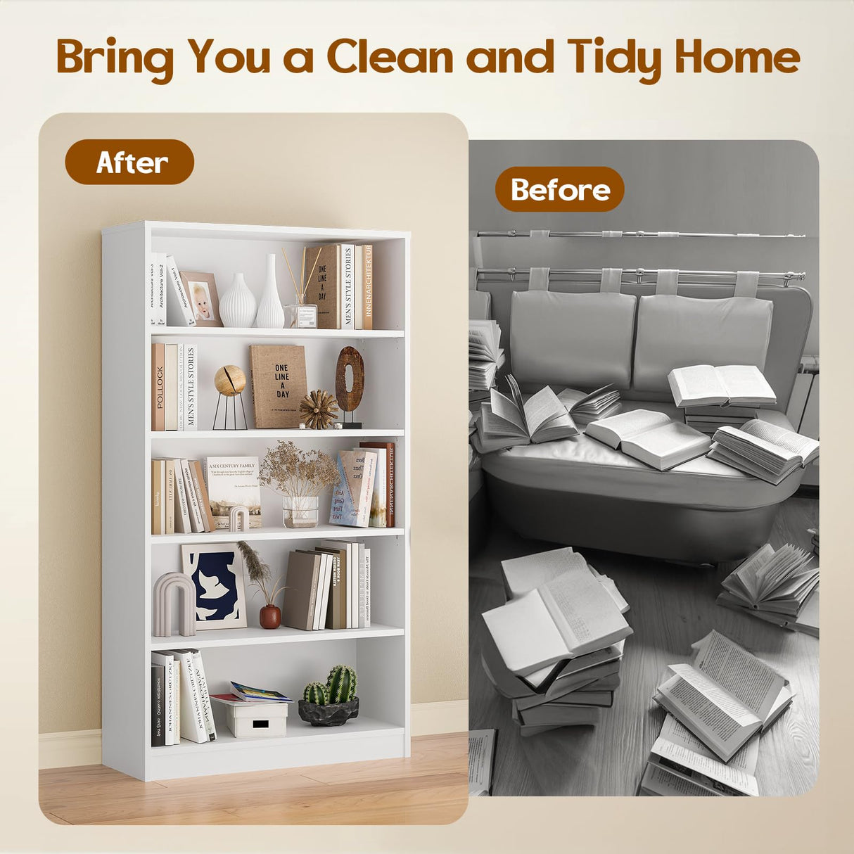 Soohow White Bookcase with Adjustable Shelves, 5 Shelf Book Case, Large Tall White Bookshelf for Living Room, Bedroom, 60 in Tall, 33 in Wide, 11.6 in Deep Soohow