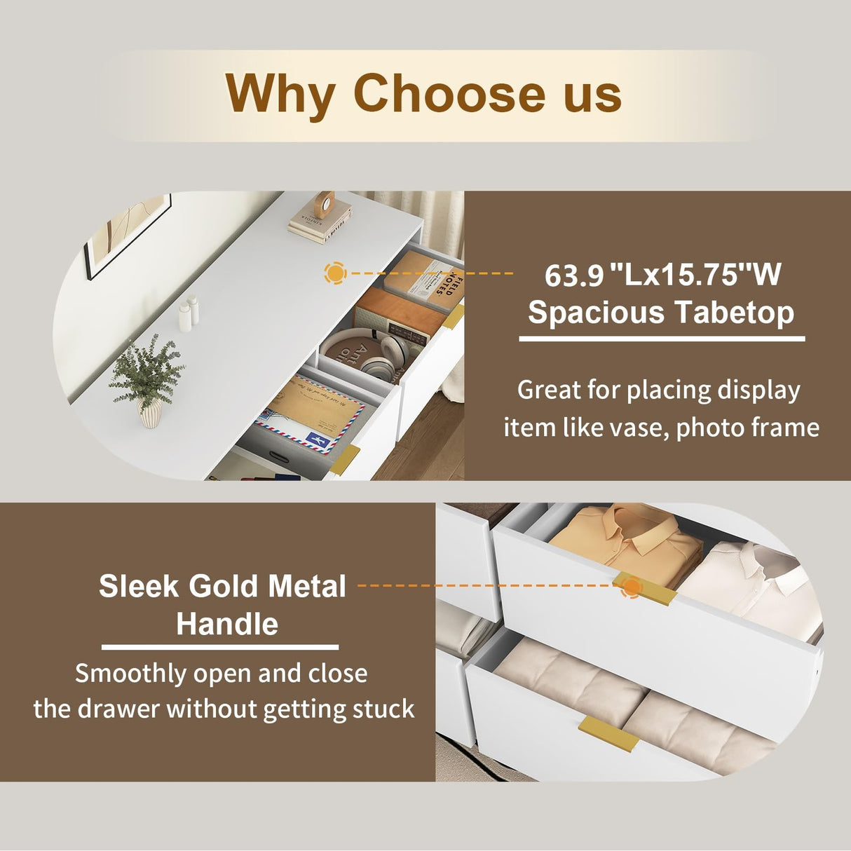 UZUGUL White 9 Drawer Dresser with Gold Handle for Bedroom,Modern Large Deep Drawer Dresser,Long Chest of Drawer for Bedroom,Storage Organizer Furniture for Closet,Hallway UZUGUL