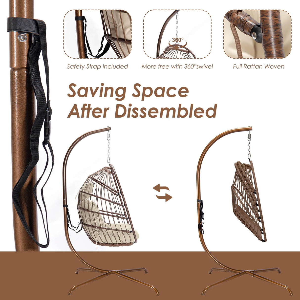 NICESOUL® Egg Chair Indoor Outdoor Patio Wicker Hanging Chair with Stand, Swing Egg Chairs All Weather Resistant with Thicken Comfy Cushions, 350lbs Capacity for Bedroom Balcony Brown NICESOUL