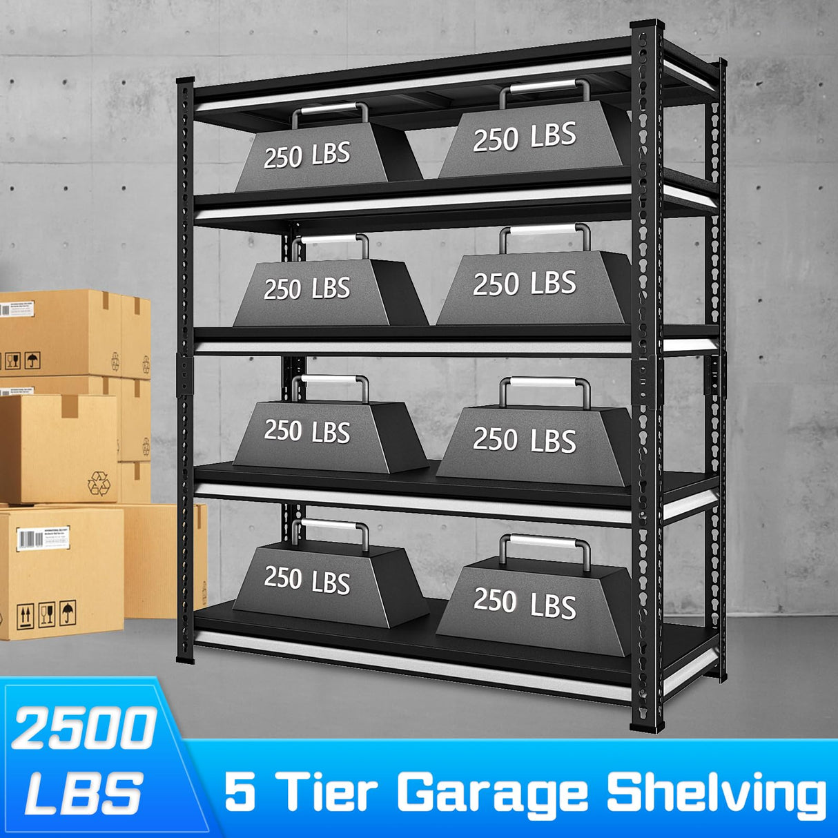 Rufokisa 48" W Garage Shelving Heavy Duty,2500LBS Loads Metal Shelving Units and Storage,5-Tier Garage Storage Shelves Heavy Duty, Industrial Utility Shelves,48”W x 18”D x 78”H(Black) Rufokisa
