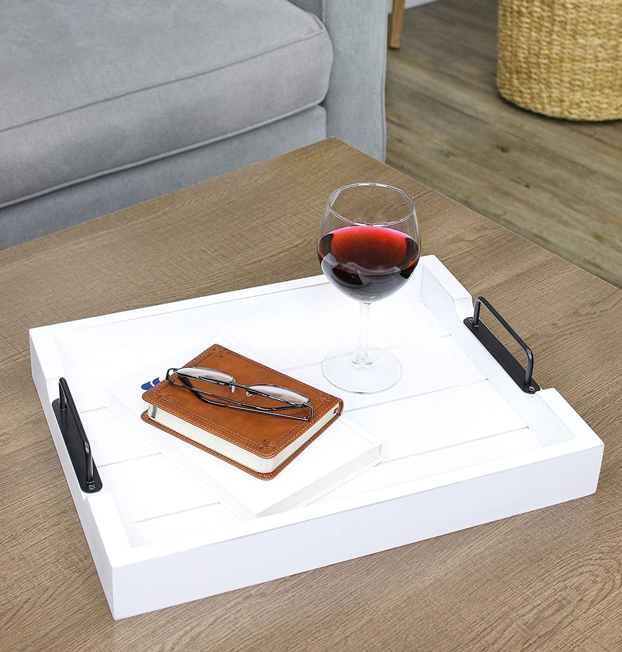 AuldHome Rustic Wood Serving Tray (White); Wooden Farmhouse Shiplap Decorative Ottoman Tray with Black Metal Handles, 16.75 x 12.75 Inches AuldHome Design