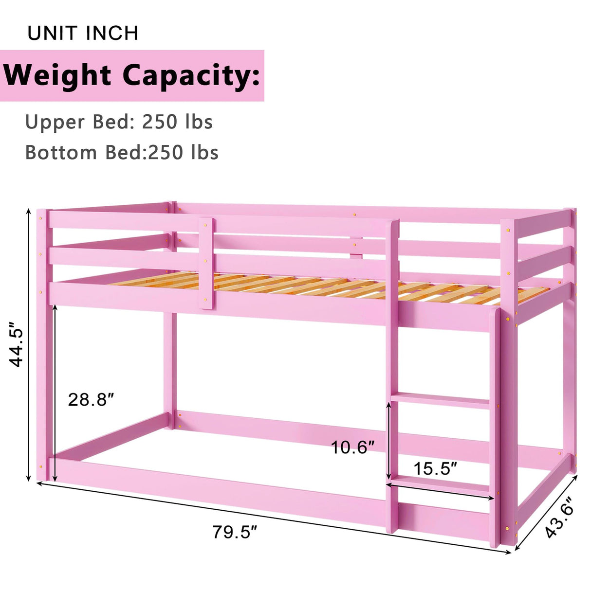 Anwick Twin Over Twin Low Bunk Bed with Stairs and Rails, Wooden Bunk Beds Frame with Safety Guardrail and Slats for Toddlers, Kids, Teens, Boys, Girls, Noise-Free (Pink) Anwick