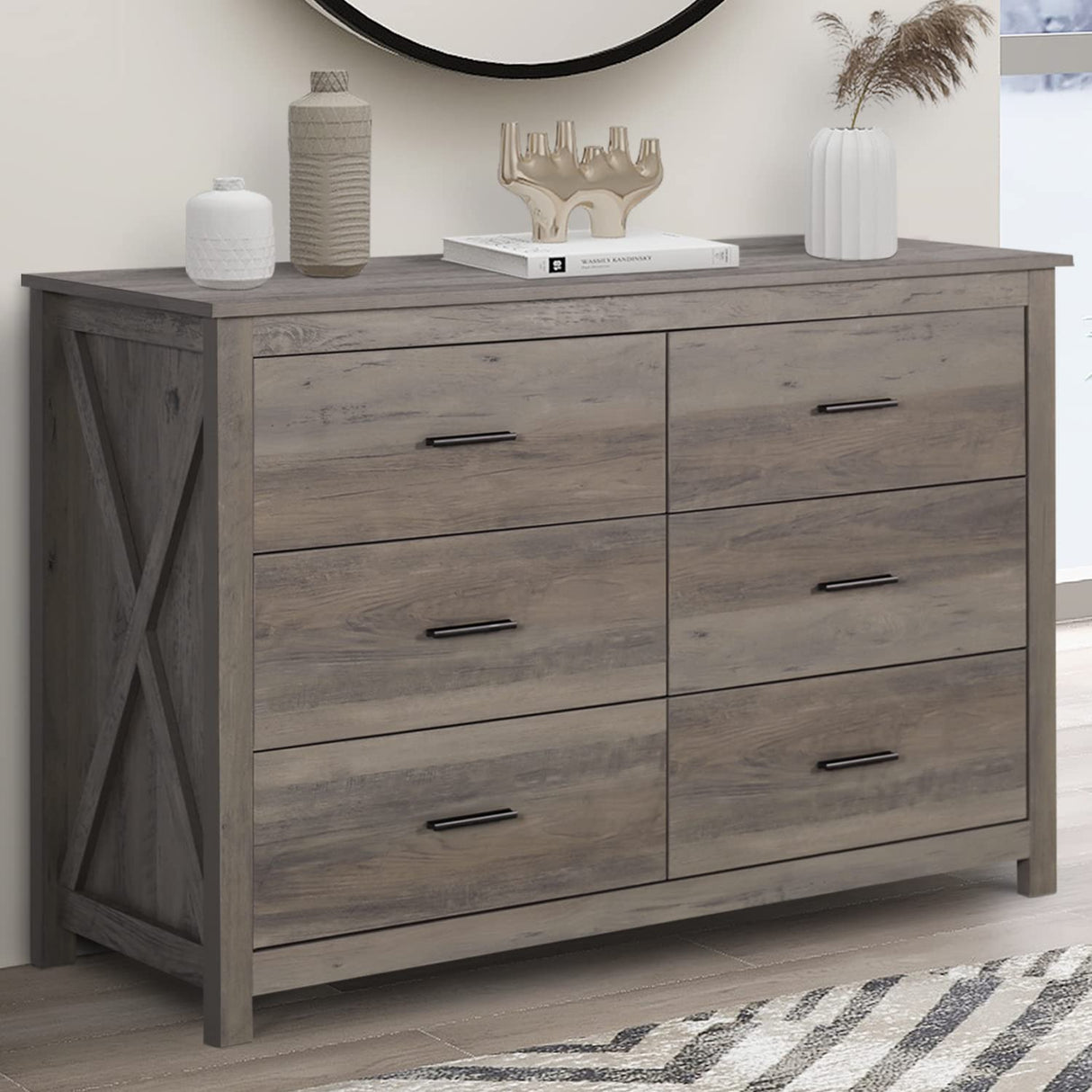 Vikiullf 6 Drawer Dresser - Farmhouse Dressers for Bedroom, Wooden Double Dresser, Storage Dressers Organizer for Bedroom, Living Room, Hallway, Entryway, Horizontal Dresser, Grey Vikiullf