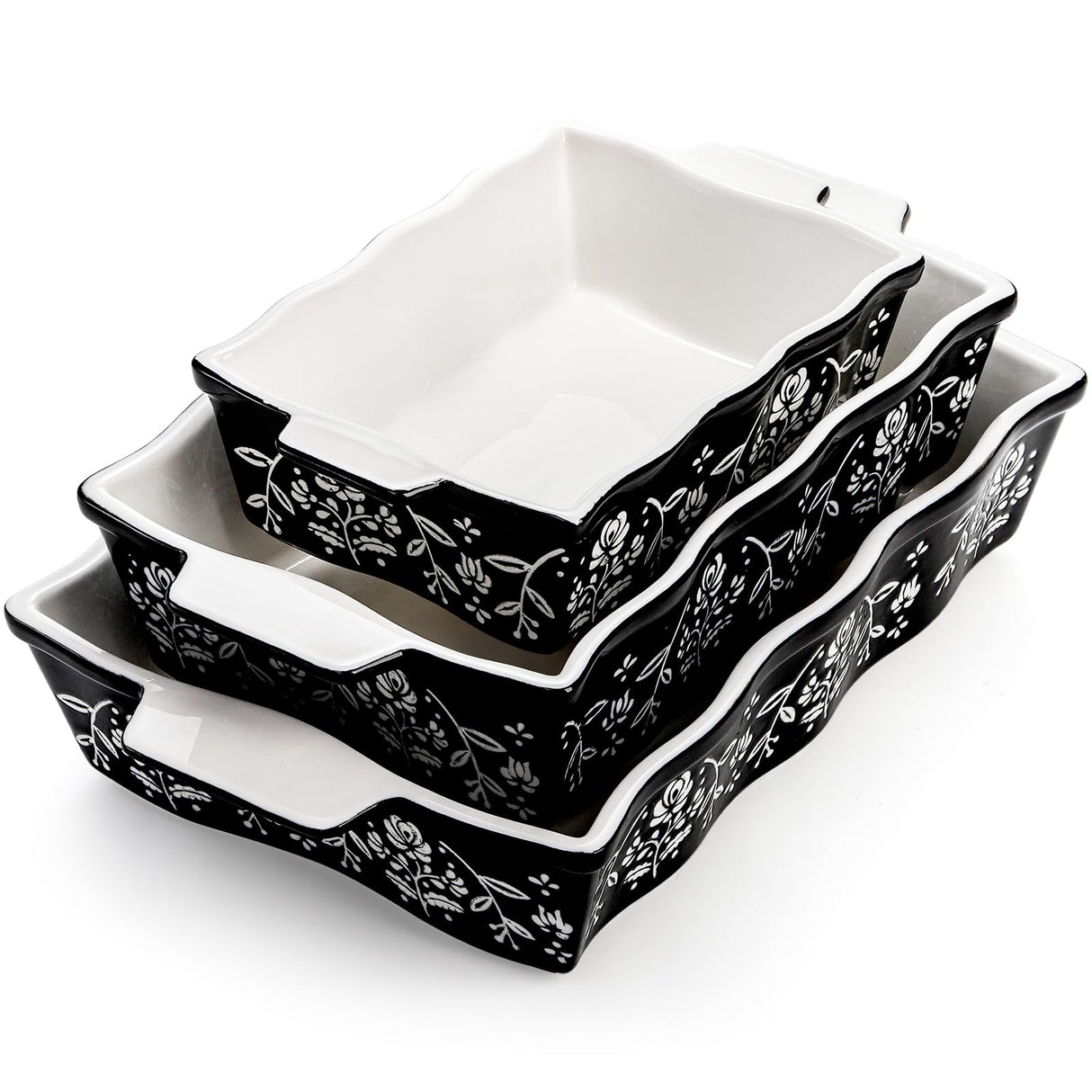 Bekith 3-Piece Ceramic Baking Dishes with Handles, Casserole Dishes for Oven, Rectangular Deep Lasagna Pans, Porcelain Bakeware Sets for Baking Cake Kitchen, Cooking, Black and White Bekith