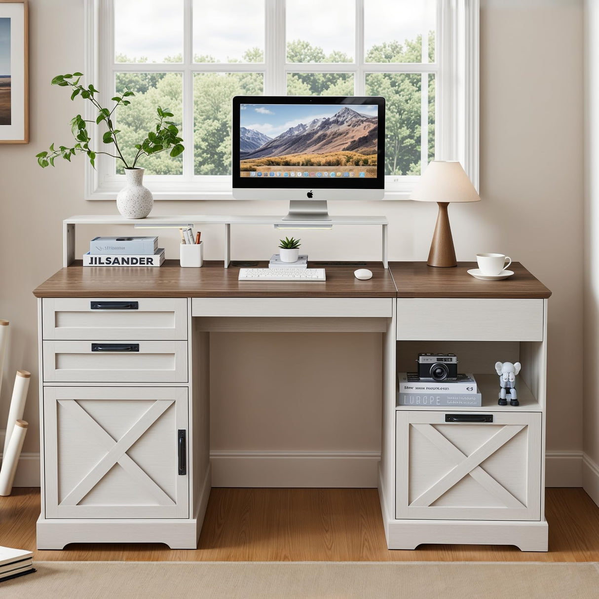 JanflyHome Executive Desk with File Storage Drawer, 63" Lift Top Farmhouse Home Office Gaming Desk with Charging Station, 3 Drawers Sensor Lights Wood Computer Table with Monitor Stand, Antique White JanflyHome