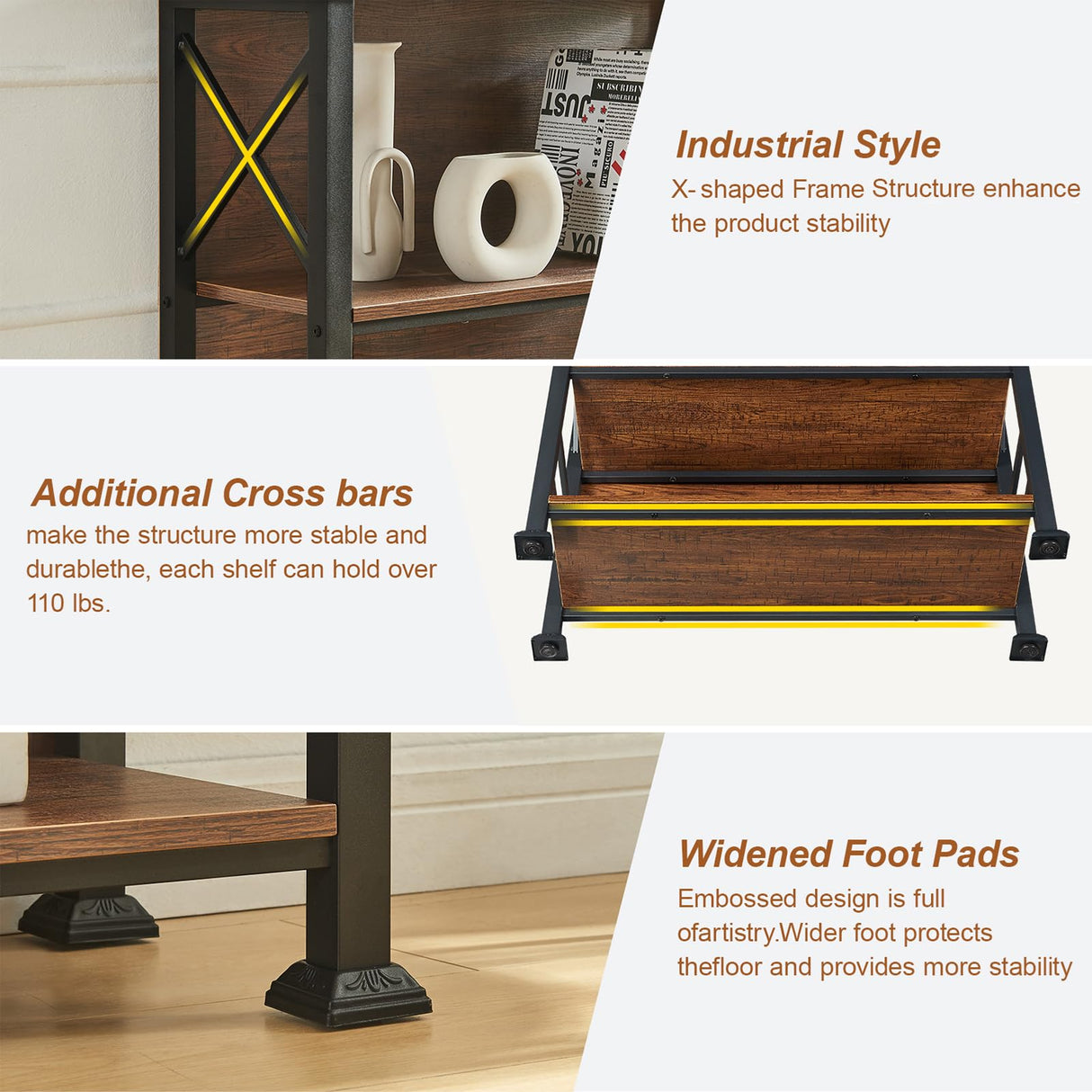 HOMBAZAAR Book Shelf,3 Tier Small Bookshelf with Metal Frame and Backboard,Rustic Brown Deep Bookcase with Engineered Wood Shelves,Short Shelf Bookcase for Living Room,Bedroom and Office HOMBAZAAR