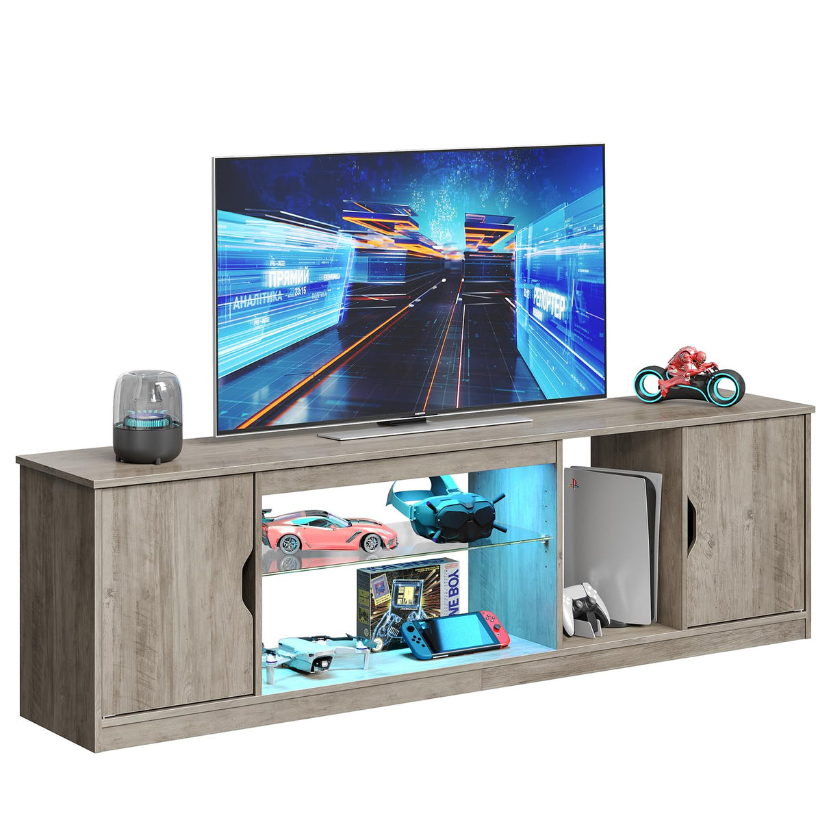 Bestier Led Entertainment Center for PS5, Gaming TV Stand with Cabinet for 60/65 Inch TV, Modern TV Console with Adjustable Glass Shelf for Living Room Easy Assembly (Washed Gray, 70 Inch) Bestier