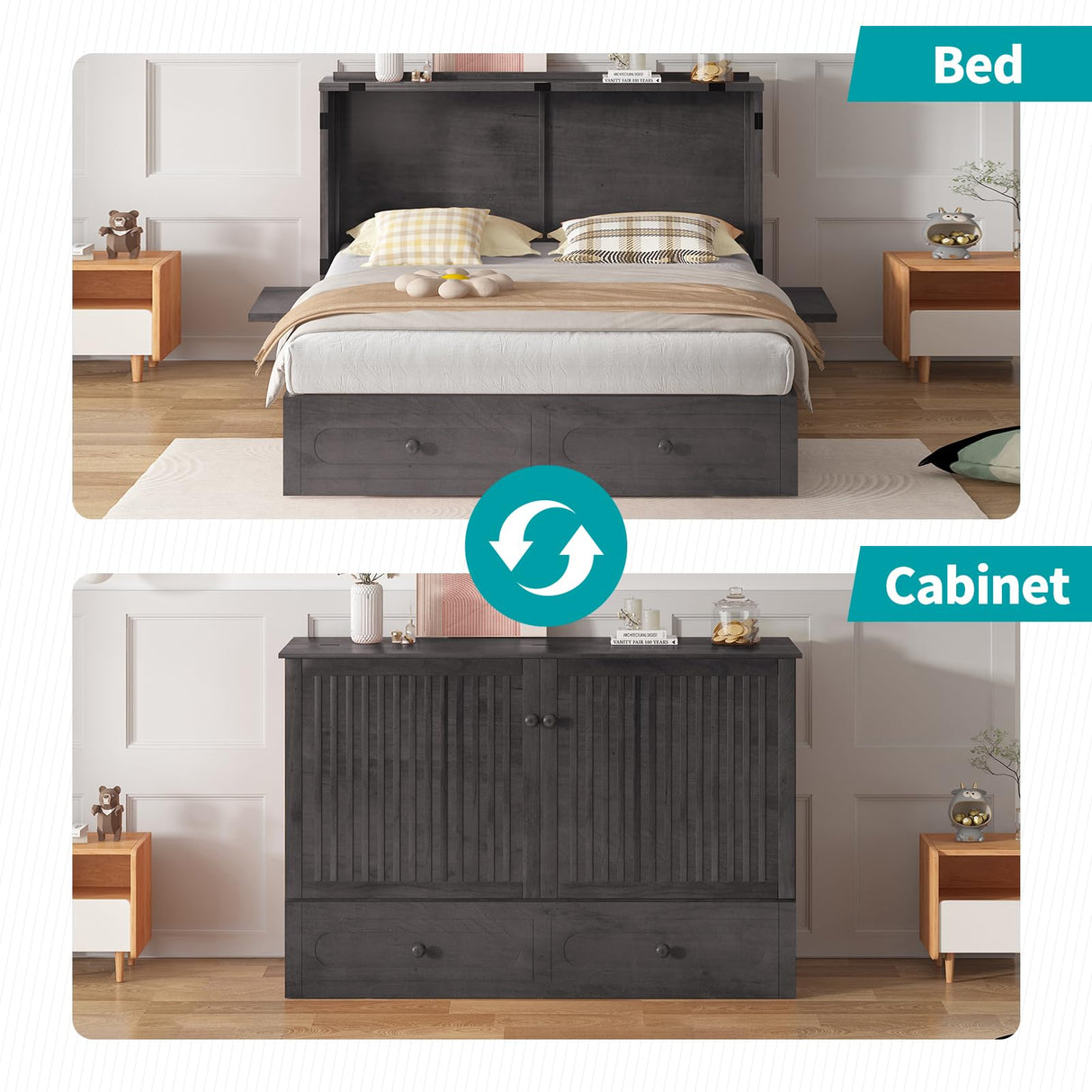 BALUS Murphy Cabinet Bed, Queen Size Cabinet Chest Bed with USB Charging Station, Tri-Fold Mattress, 2 Storage Drawers Modern Convertible Wooden Wall Beds for Apartment Bedroom - Dark Grey BALUS