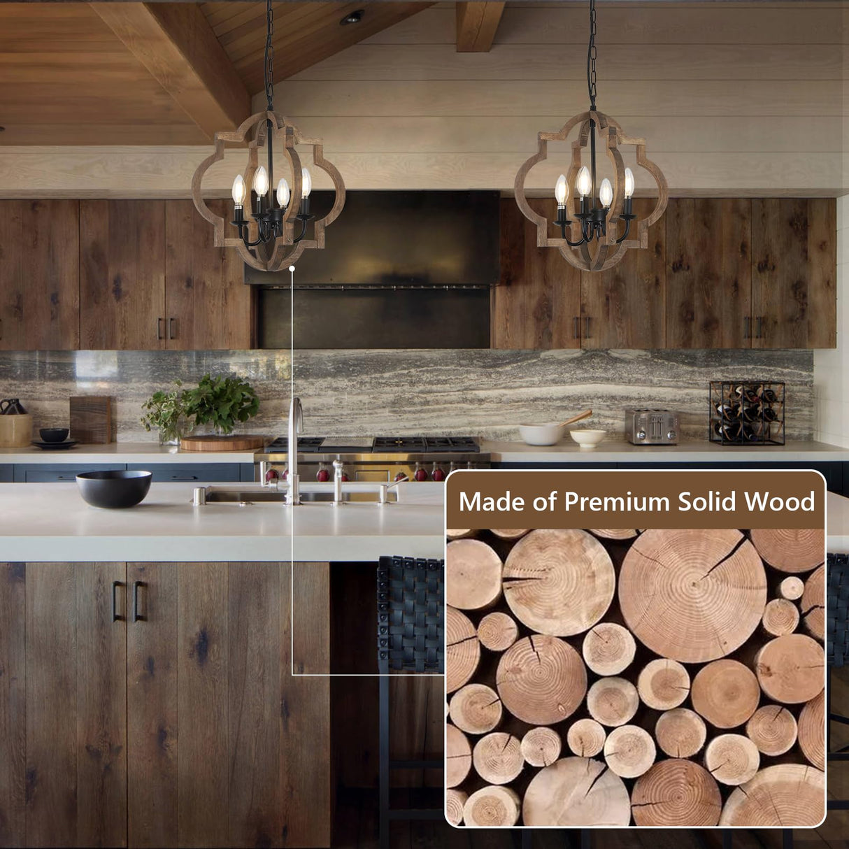 Farmhouse Chandelier Light Fixtures, 4-Light Dining Room Light Fixtures Over Table, Solid Wood Chandeliers for Dining Room, 15.7“ Brown Rustic Chandeliers for Living Room Kitchen Island Bedroom Foyer Stepeak