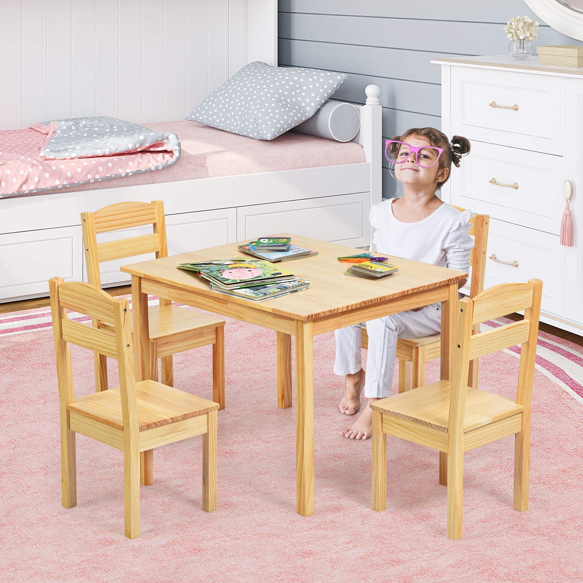Costzon Kids Table and Chair Set, 5 Piece Wood Activity Table & Chairs for Children Arts, Crafts, Homework, Snack Time, Preschool Furniture, Gift for Boys Girls, Toddler Table and Chair Set (Natural) Costzon