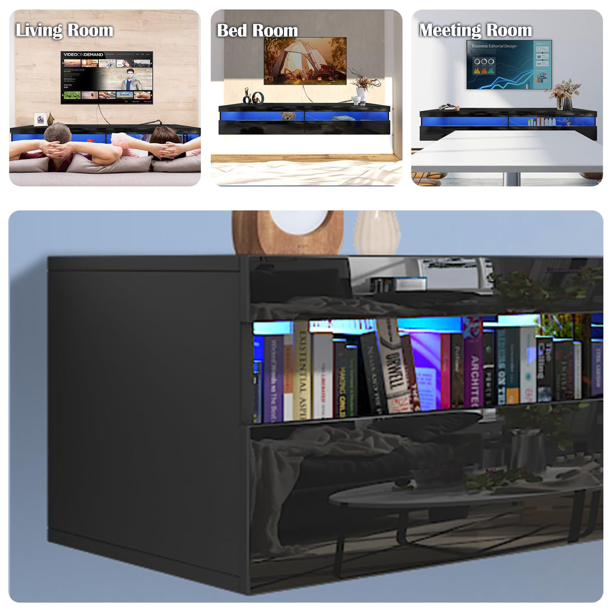 wuleen Floating TV Stand, 71" Floating Entertainment Center Wall Mounted,Floating Wall Mounted TV Shelf with Led Lights and Power Outlet,Modern High Gloss tv Cabinet Media Console with Storage wuleen