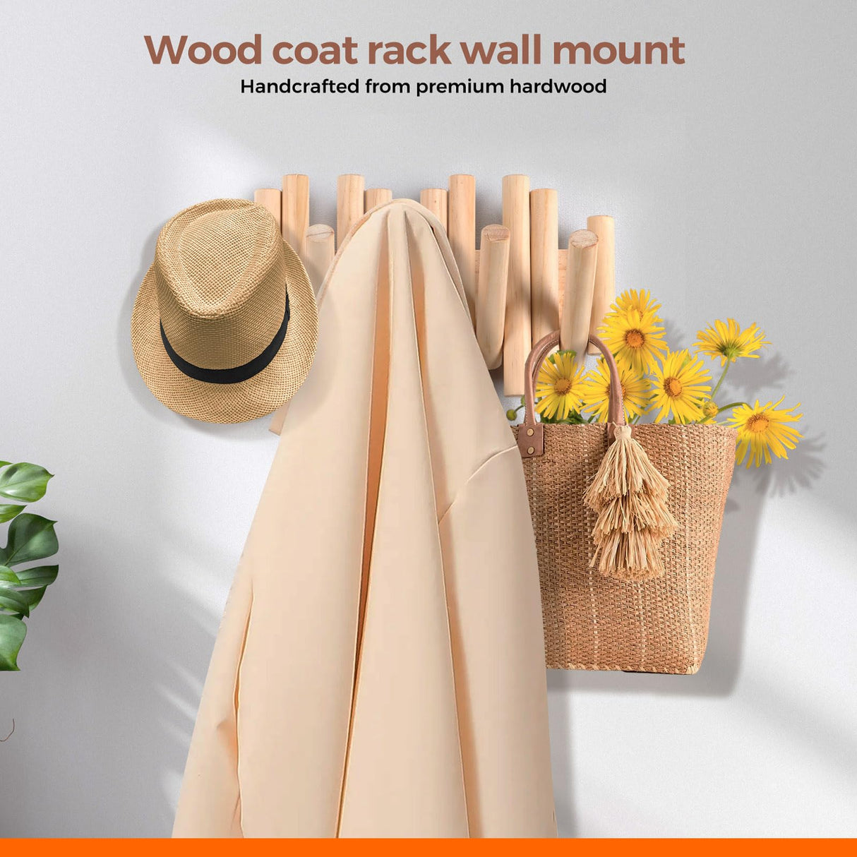 BIRTIMO Wall Mounted Coat Rack with 5 Retractable Wooden Pegs – Modern Design, Space-Saving Storage Organizer in Natural Wood BIRTIMO