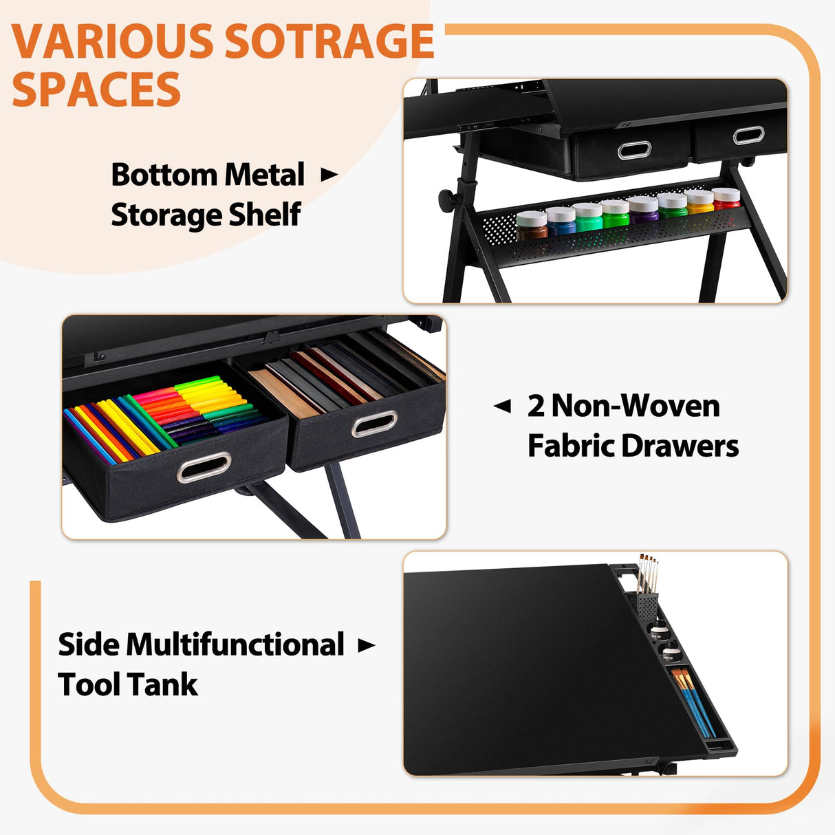 SUPER DEAL Adjustable Drafting Table Set with Charging Station, Tilting Drawing Desk Artist Desk with Stool Multifunctional Art Craft Workstation with 2 Storage Drawers for Home Office School SUPER DEAL