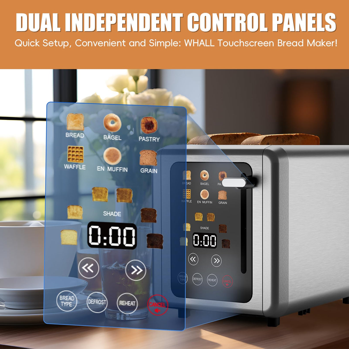 WHALL® Touch Screen Toaster 2 Slice, Stainless Steel Digital Timer Toaster, 6 Bread Types & 6 Shade Settings, Smart Extra Wide Slots Toaster With Bagel, Cancel, Defrost Functions whall