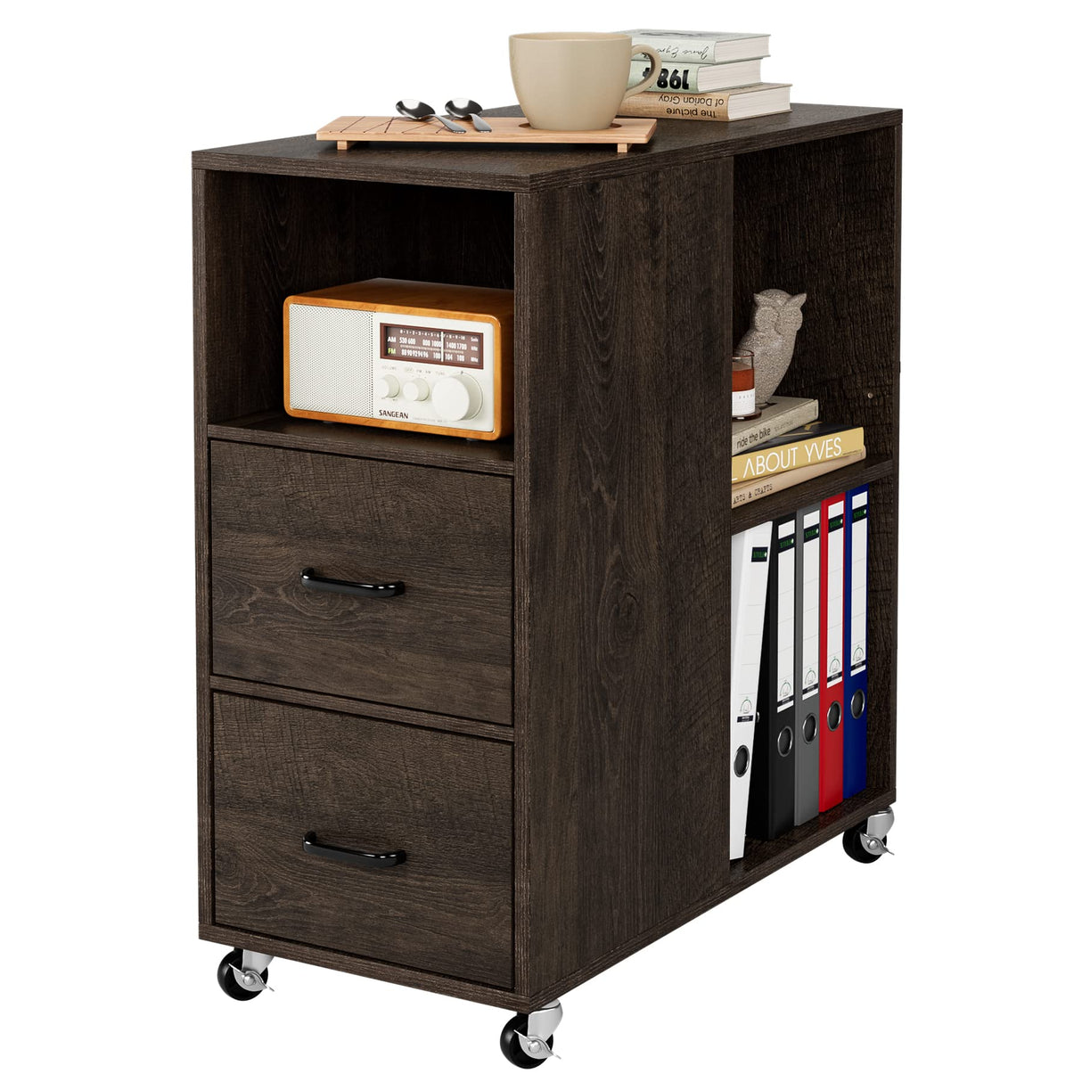 HOSTACK End Side Table, Narrow Nightstand with Storage Drawers and Adjustable Shelf, Rolling Bedside Table for Bedroom, Living Room, Home Office, Dark Brown HOSTACK