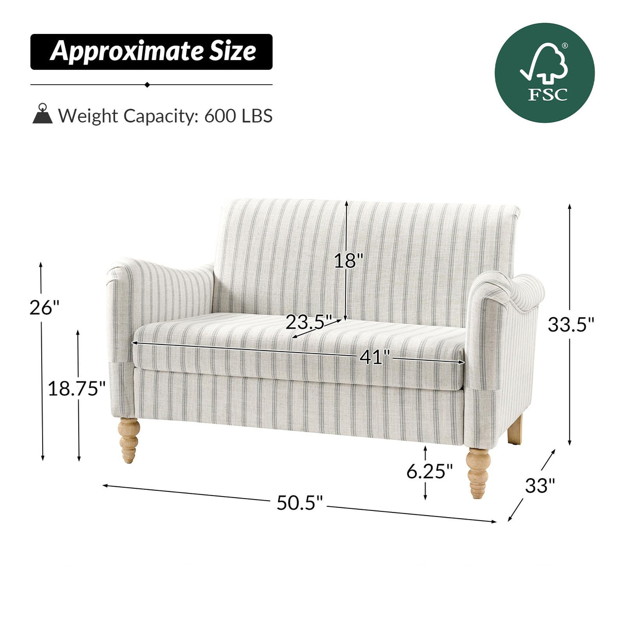 HULALA HOME 50.5" Loveseat Sofa with Stripe Pattern, 2 Seater Farmhouse Sofa with Rolled Wide Armrests and Rubber Wood Legs, Comfy Upholstered Small Couch for Living Room Bedroom, Stripe HULALA HOME