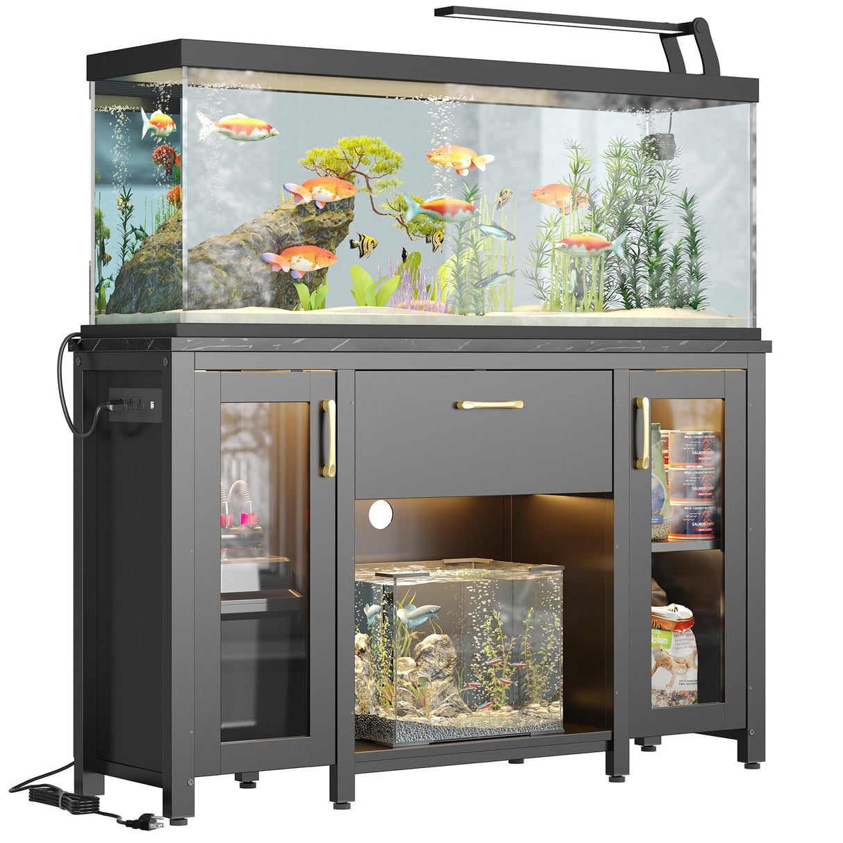 Bestier 55 Gallon Fish Tank Stand with Power Outlet & LED Light, 49.2"x13.8" Heavy-Duty Aquarium Stand with Storage, Dual Glass Cabinet, 8 Thicken Metal Legs, Suit for Reptile/Turtle Terrarium(Black) Bestier