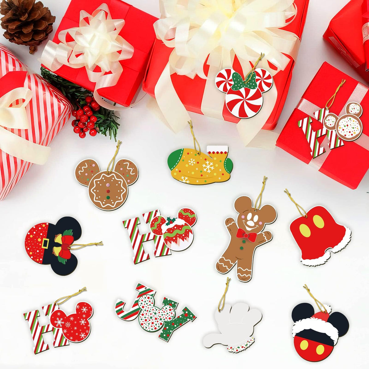 Christmas Decorations Tree Ornaments Set - 24Pcs Wooden Mouse Ornaments for Holiday Christmas Trees Hanging Party Decorations AMUHUA