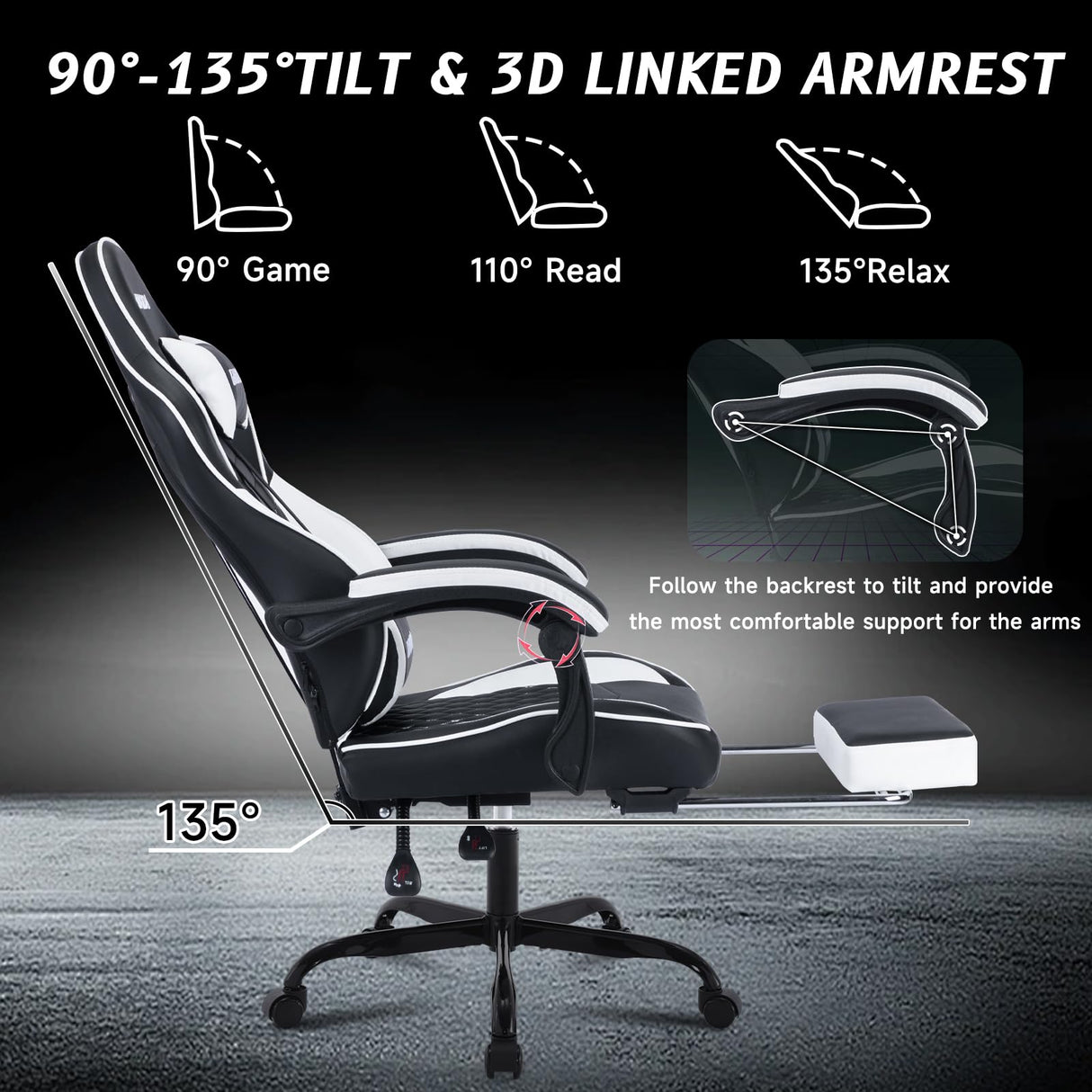 Ergonomic Video Gamer Chairs,Computer Gaming Chairs with Massage Lumbar Support and footrest,Racing Style Computer Chair Adjustable Headrest for Adults,Blackwhite NIONIK