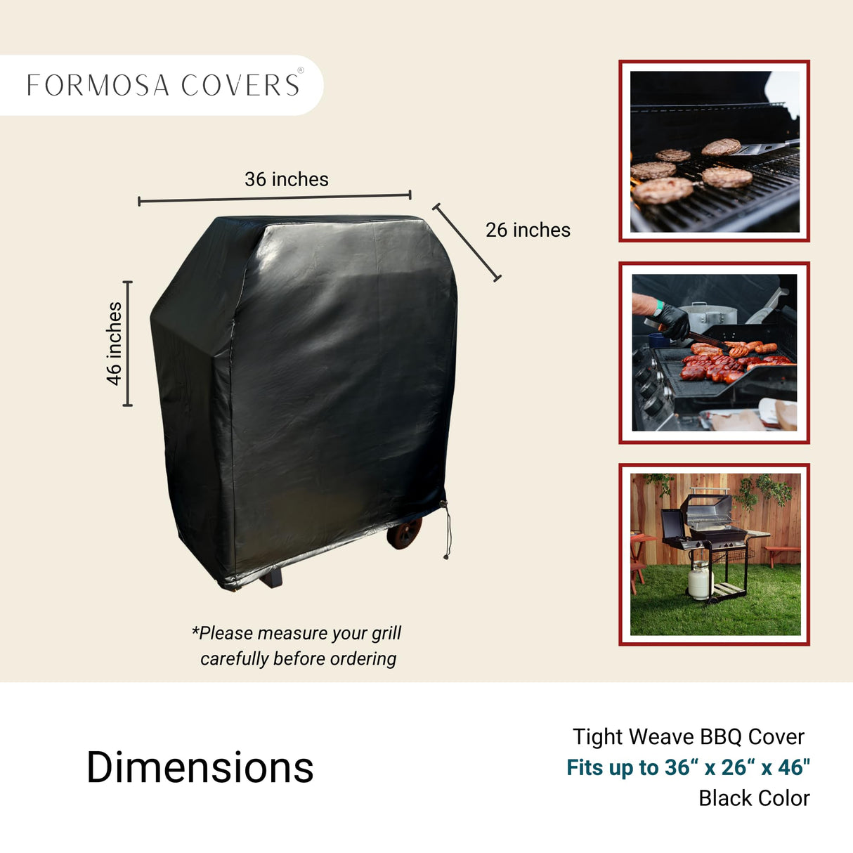 Formosa Covers | BBQ Outdoor Gas Grill Cover - Heavy Duty Waterproof Strong Protection for Weber, Brinkmann, Char Broil, Holland, Jenn Air Outside Storage - 36" L x 26" D x 46" H Black Vinyl Formosa Covers