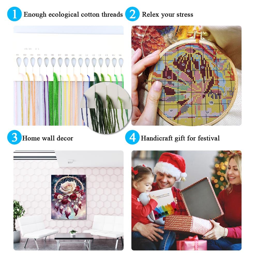 Dream Catcher Counted Cross Stitch Kits for Adults, Flowers Stamped Cross Stitch Kits for Beginners, Needlepoint Cross-Stitch Patterns Embroidery Kits Arts and Crafts for Home Decor 12×16 Inch Mrnsiet