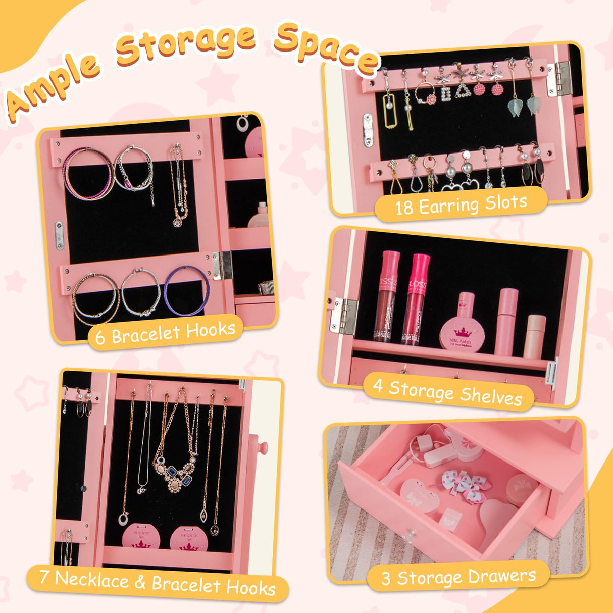 HONEY JOY Kids Jewelry Armoire Cabinet, 2-Angle Tilting Wooden Standing Jewelry Organizer with Full-length Mirror and Storage Drawers, Children Dress Up Jewelry Cabinet for Little Girls (Pink) HONEY JOY