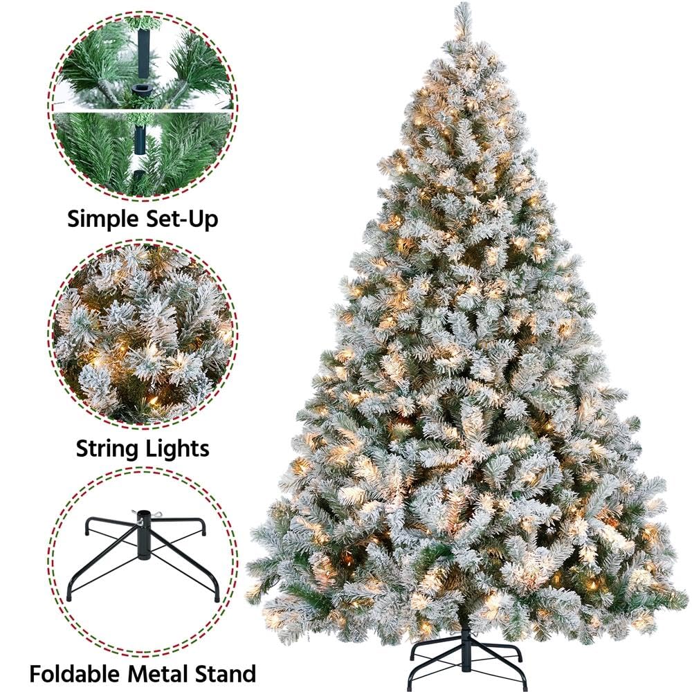 Yaheetech 7.5ft Pre-lit Artificial Christmas Tree W/Incandescent Warm White Lights, Snow Flocked Full Prelighted Xmas Tree W/1284 Branch Tips, 550 Incandescent Lights & Foldable Stand, Green & White Yaheetech