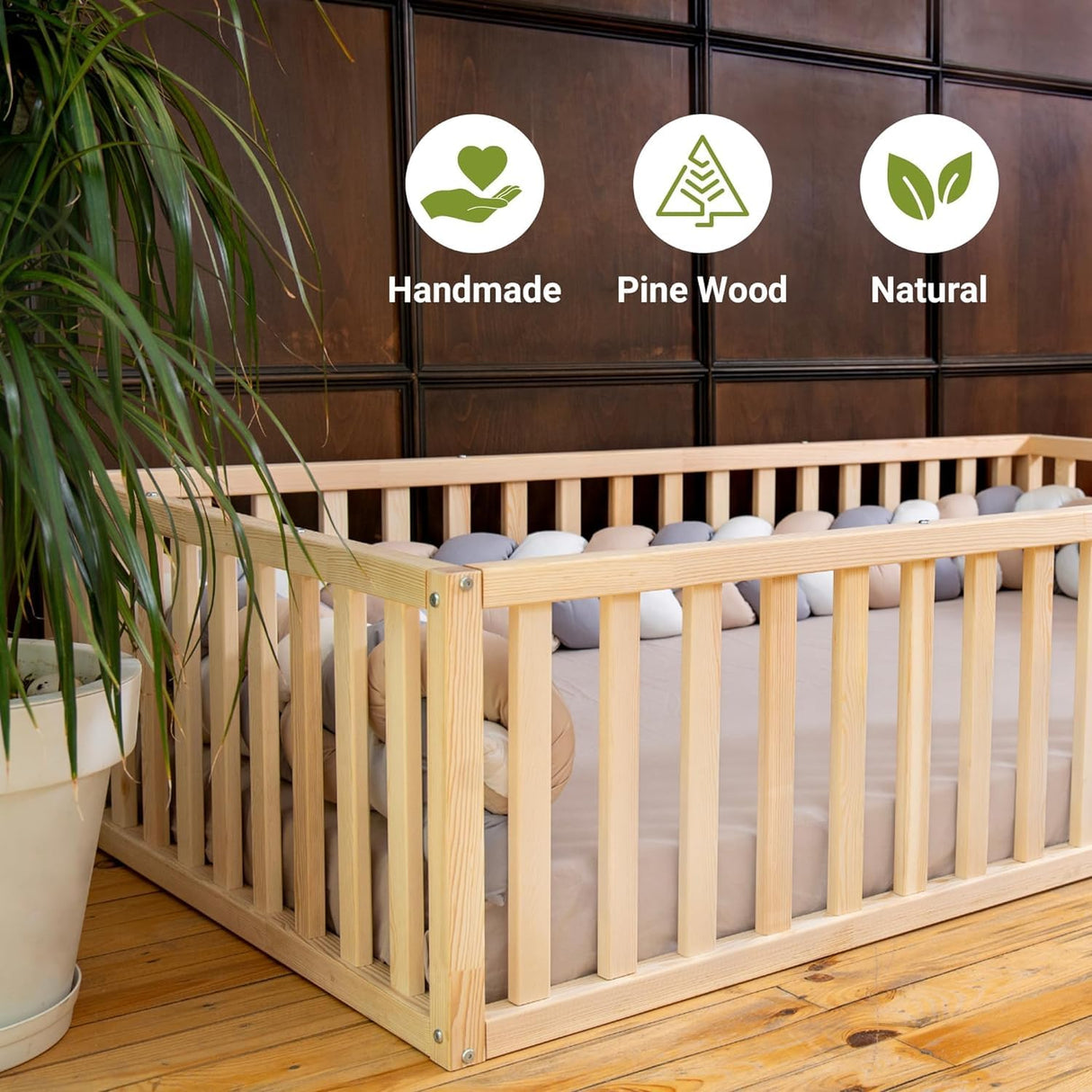 Montessori Floor Bed for Kids 52x27,5'' | Toodlers Floor Bed with Safety Guardrails | Pine Wood Baby Bed | Sturdy Wood Frame Bed for Girls and Boys (Crib, Height : 17 Inches) wood and montessori