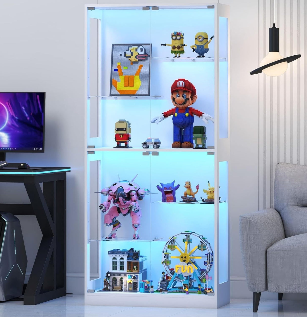 Lamtor 69-Inch Glass Display Cabinet - Adjustable Shelves Display Case, Curio Cabinet with RGB Lighting, for Game Room, Living Room, Bedroom, White Lamtor