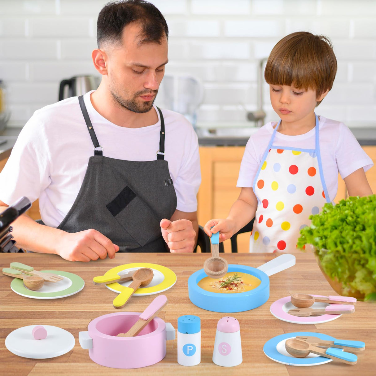 WHOHOLL Wooden Toy Kitchen & Play Dishes Set, Montessori Kitchen Toys for Girls and Boys, Pretend Play Kitchen Accessories Toddler Cooking Toys for Kids Ages 1-5 - Christmas Birthday Gift Sets WHOHOLL