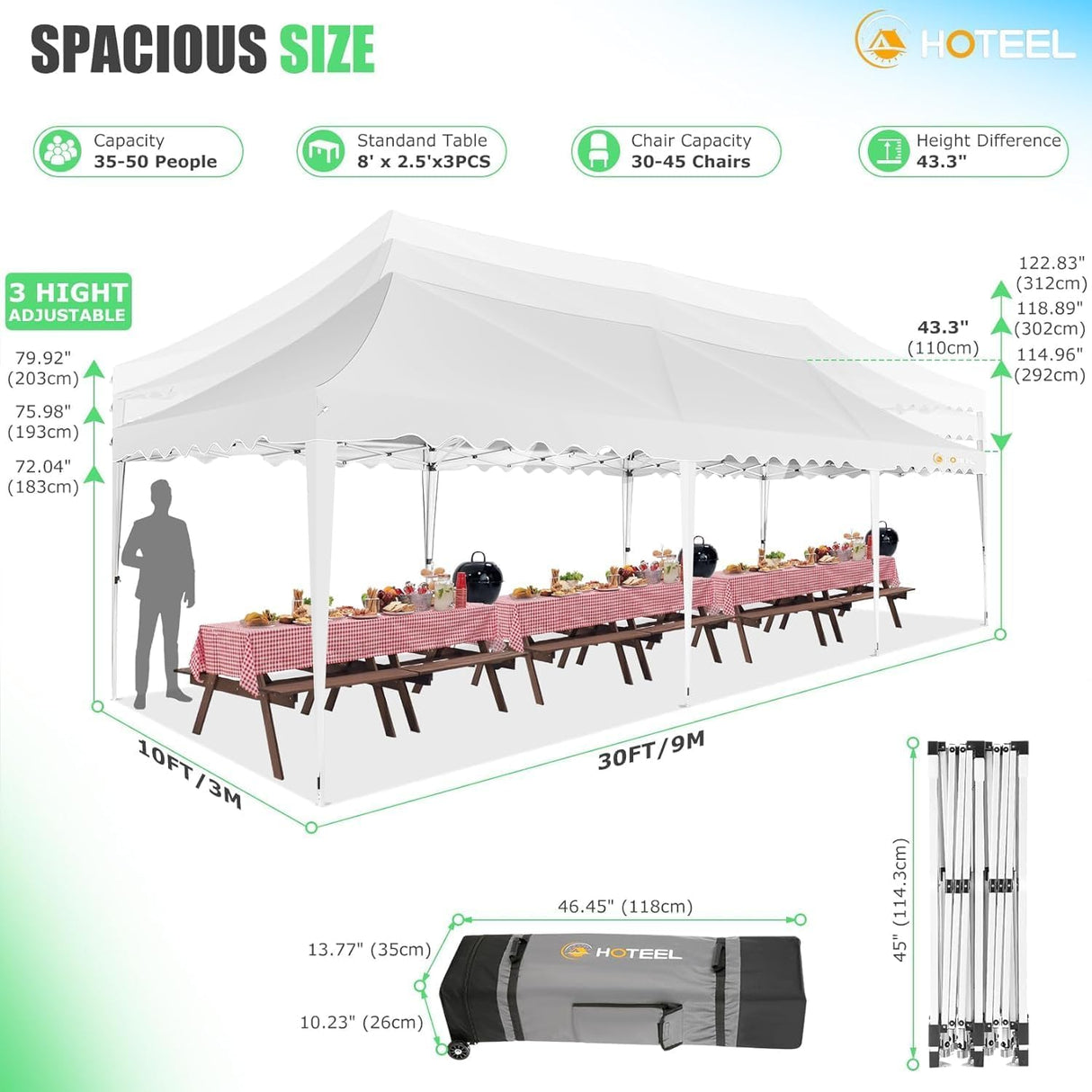 HOTEEL 10x30 Canopy Tent with Walls Party Tent 10x30 Pop Up Canopy Event Tent 10x30 UPF 50+ Windproof Waterproof Wedding Tents for Parties Gazebo Canopy with Roller Bag & 4 Weights Bags,White Hoteel