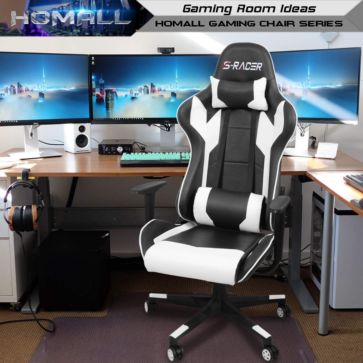 Homall Gaming Chair, Office Chair High Back Computer Chair Leather Desk Chair Racing Executive Ergonomic Adjustable Swivel Task Chair with Headrest and Lumbar Support (White) Homall