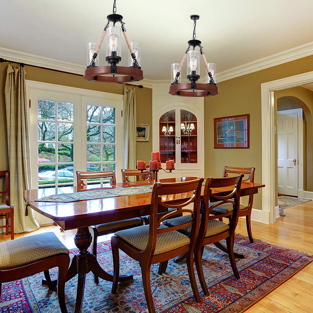 Wellmet Farmhouse Chandelier, Wood Wagon Wheel Chandelier with Seeded Glass Shade, Hanging Rustic Round 3 Lights Ceiling Pendant Lighting Fixture for Dining Room, Living Room,Foyer, Kitchen Island Wellmet