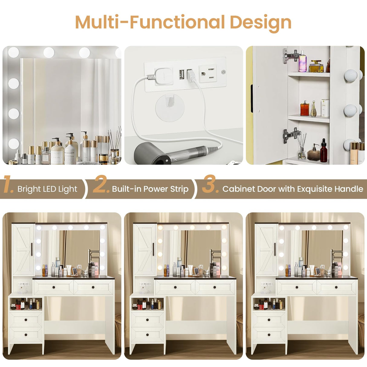 elifine Vanity with Lighted Mirror - Farmhouse Makeup Vanity Desk with 4 Drawers, 1 Cabinet and Power Outlet, 3 Color Lighting Modes Adjustable Brightness elifine