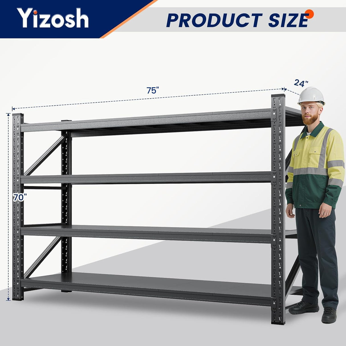 Yizosh 75" W Metal Garage Storage Shelves,8000LBS Heavy Duty 4-Shelf Adjustable Steel Organization Shelving,Utility Rack Shelf,75" W x 24" D x 70" H for Basement,Warehouse,Industrial Yizosh