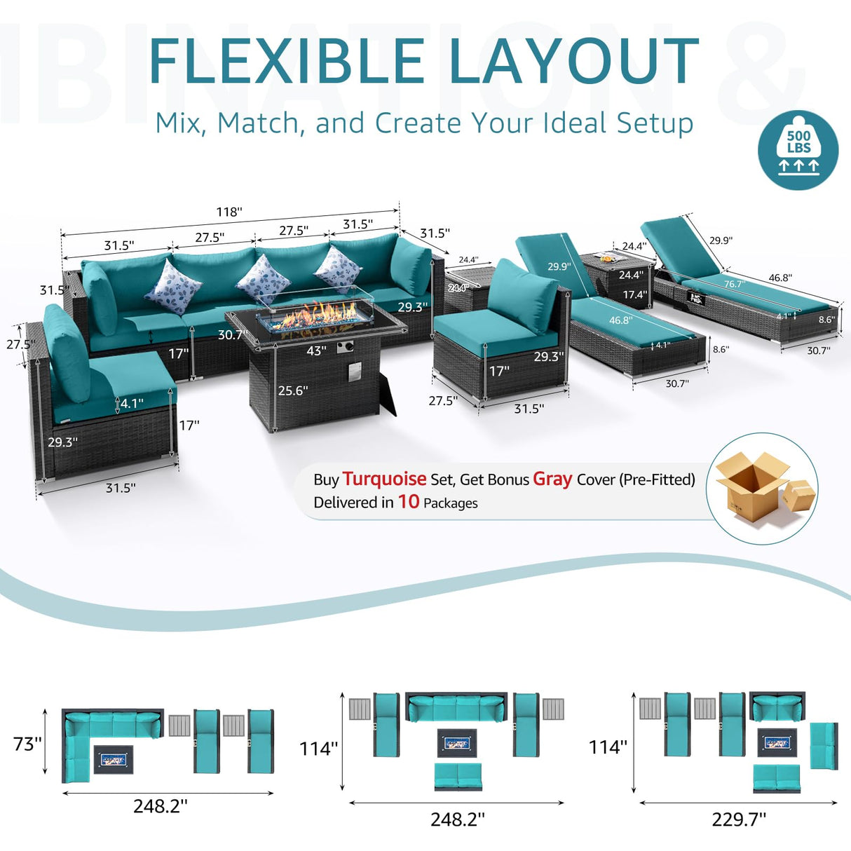 NICESOUL 11-Piece Patio Furniture with Chaise Lounge, Modern Wicker Outdoor Sectional with Fire Pit, Comfortable 29.3'' High-Back Conversation Seating, Heavy Duty All-Weather Couch Set, Grey & Teal NICESOUL