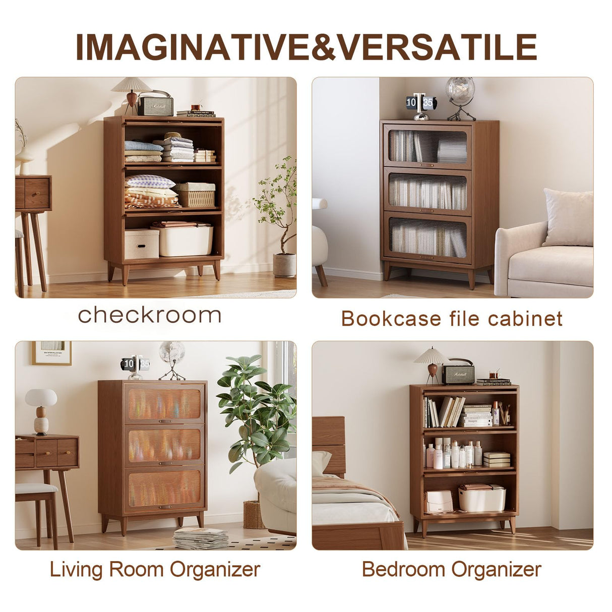 3 tier solid wood book case with corrugated tempered glass doors, dusty wooden bookshelf dark brown Flip-Up Glass Front Doors book cases/shelves for home office room with installation tool AnywaysWood