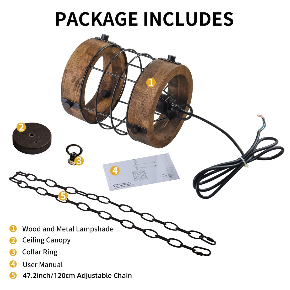 wochos Retro Industrial Metal and Wood Chandelier 1-Light Round Cage Pendant Light Fixture for Kitchen Island Foyer Hallway Bar Dining Room Restaurant, D 7.9" x H 8.7" (Brown) wochos