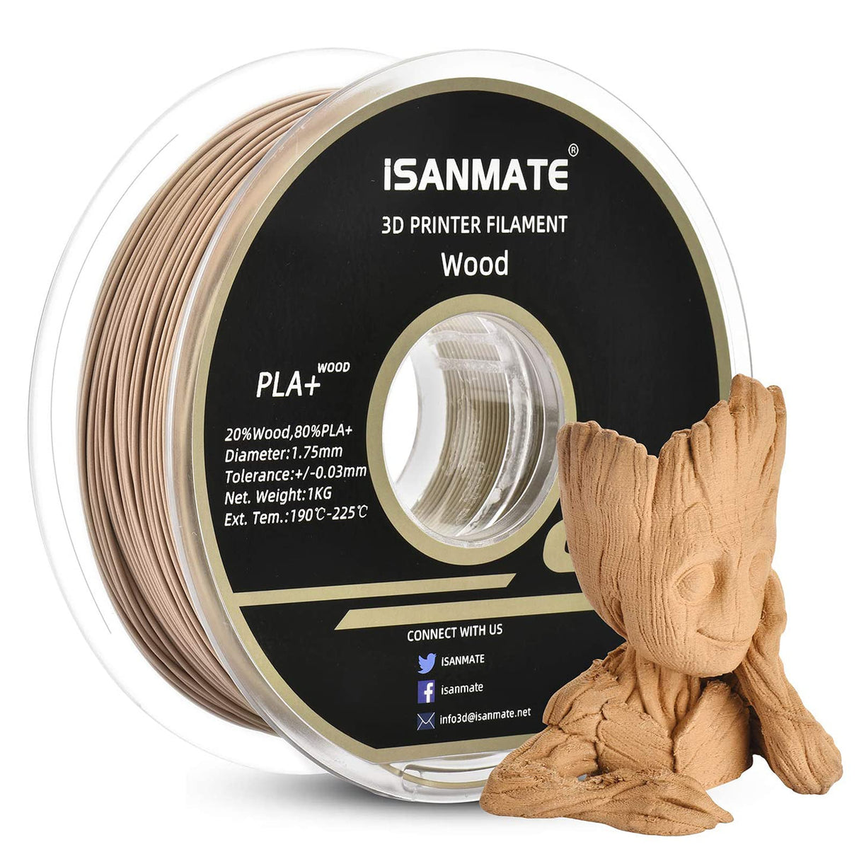 iSANMATE Wood Filament 1.75mm, PLA+ Wood Filament 1.75mm, 3D Printer Filament 1kg/Spool (Update 20% Real Wood Fiber) iSANMATE