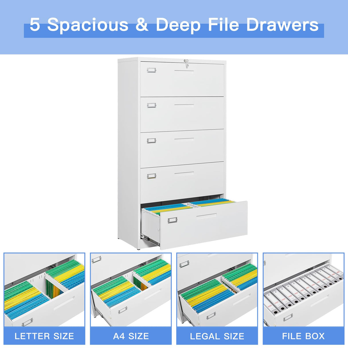 Yizosh 5-Drawer Metal Locking File Cabinet in White - Organiser for Home or Office Yizosh