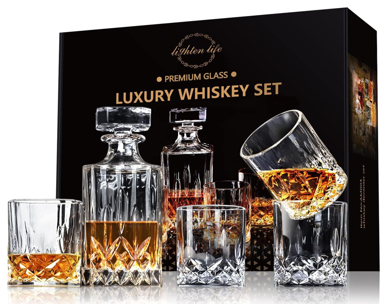 LIGHTEN LIFE Whiskey Decanter Set for Men,Crystal Whiskey Glasses and Decanter Set in Gift Box,Non-Lead Glass Decanter Set,Bourbon Decanter Set for Whiskey Lovers,Liquor Decanter Set for Dad Husband LIGHTEN LIFE