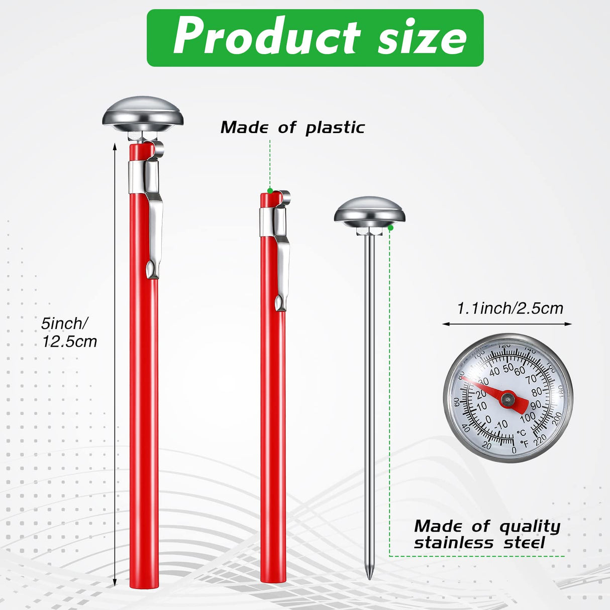 Xuhal 6 Pcs Stainless Steel Kitchen Thermometer with 5 Inch Long Stem 1 Inch Dial Thermometer Milk Frothing Food for Oven Probe Meat Grill BBQ Cooking Chocolate Water(Red) Xuhal