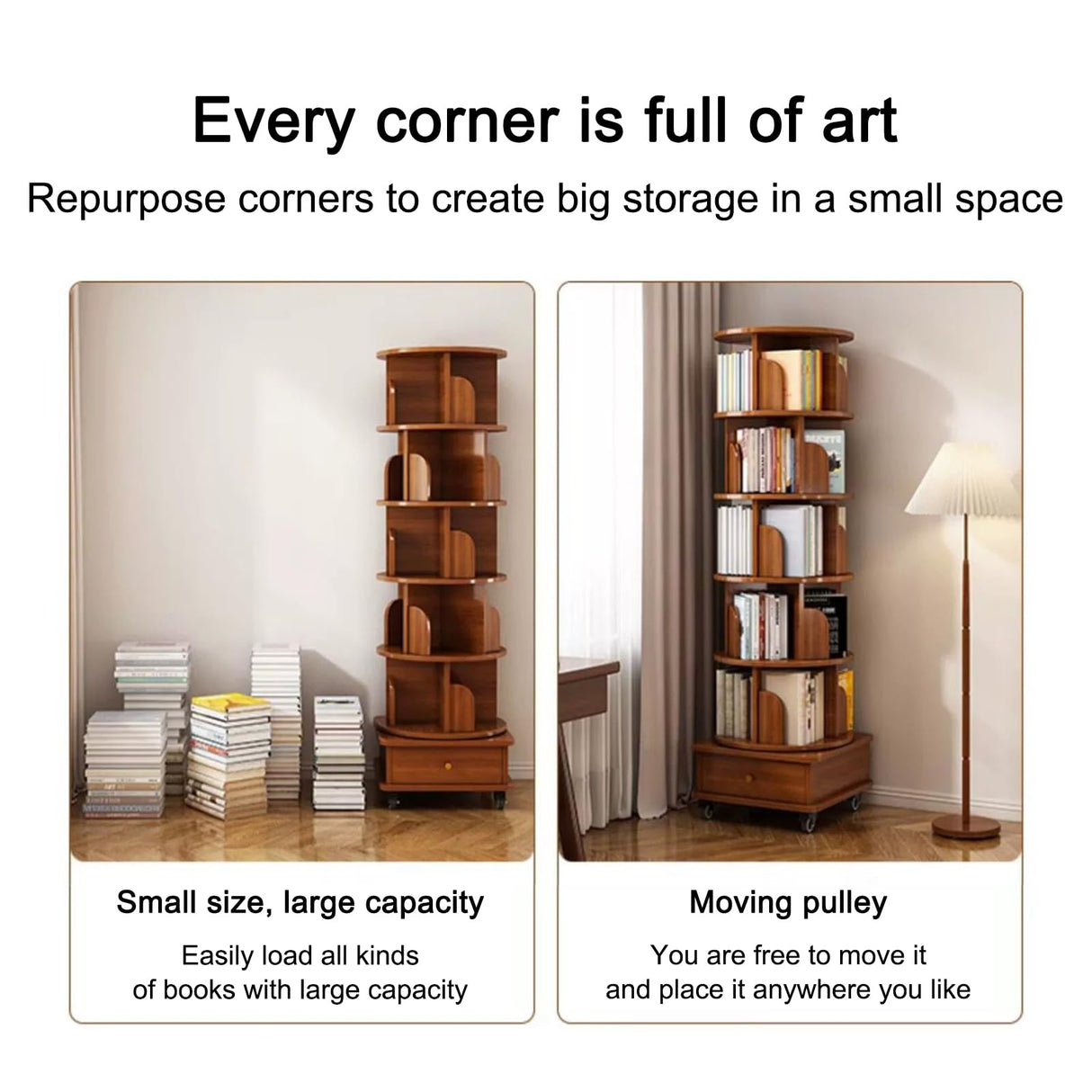 Elegant 360° Rotating Bookshelf with Storage - Compact Brown Design for Any Room LWQFHI