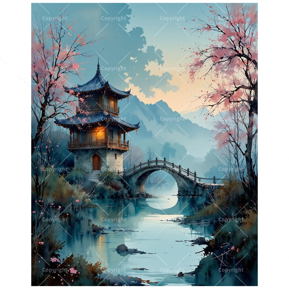 Oriental Landscape Paint by Numbers Kit for Adults - DIY Chinese Pavilion with Bridge Painting on Canvas 16x20 Inches, Acrylic Paint Set, Suitable for Beginners,Art for Home Decoration/Gifts TAOPAOLAB