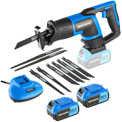 NOVORIK 20V Cordless Reciprocating Saw, 3000 SPM, 22mm Stroke, 2 x 4.0Ah Battery, 8 Saw Blades for Wood, Metal, PVC Cutting