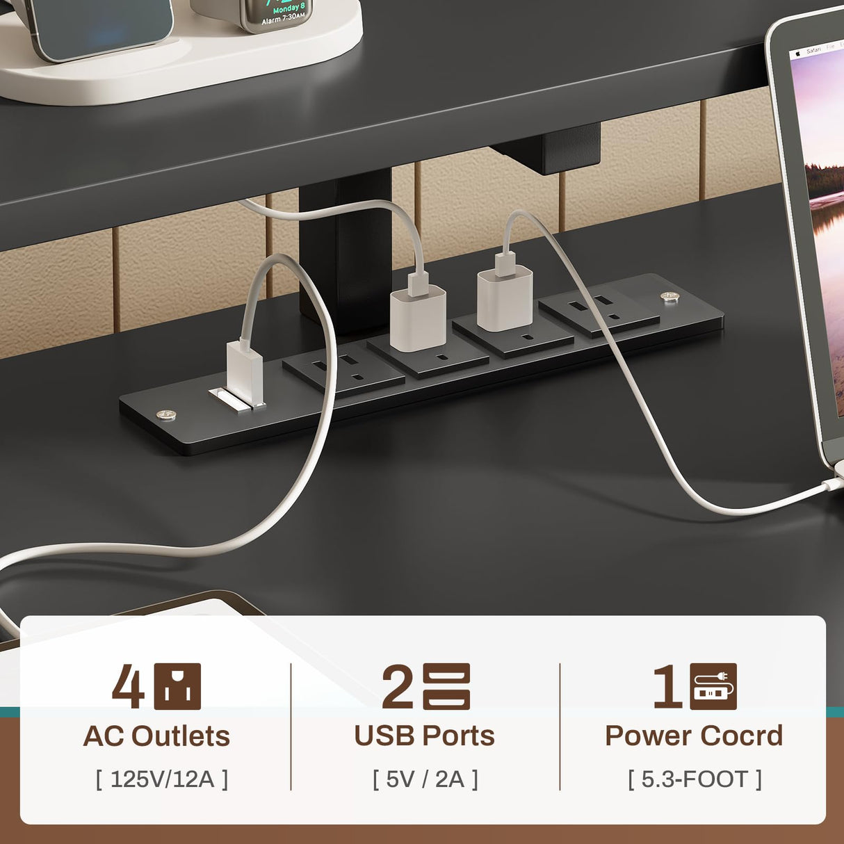 SEDETA Computer Desk with 5 Drawer, Power Outlet & Led Lights, 66'' Home Office Desk with File Drawer, Storage, Monitor Shelf, Gaming Desk, Black SEDETA