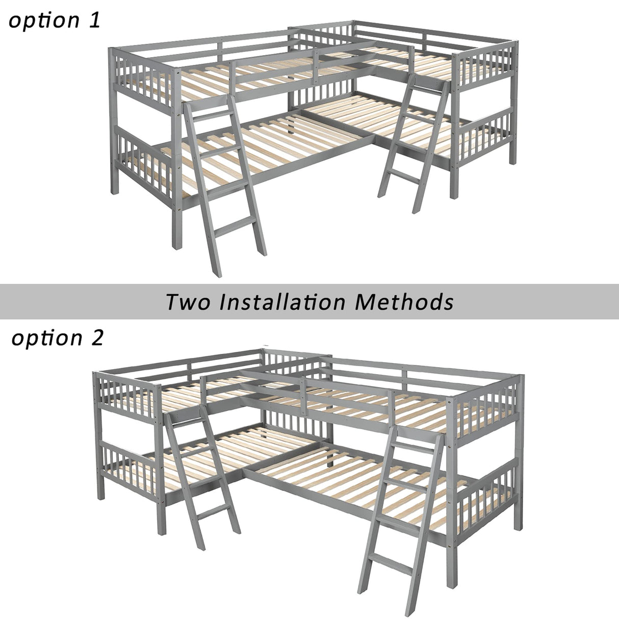 Harper & Bright Designs L-Shaped Bunk Bed Twin Over Twin, Quad Bunk Bed with Guardrail and 2 Angle Ladder, Wood Corner Bunk Beds for 4 Kids, Teens, Adults, No Box Spring Needed (Grey) Harper & Bright Designs