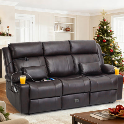 SENYUN 3-Seater Recliner Sofa, Flip Middle Backrest Manual Reclining Couch with Storage Drawer, Phone Holder and USB A&C Ports, Loveseat Recliner for Home Theater,Living Room,RV(Leather,Brown)
