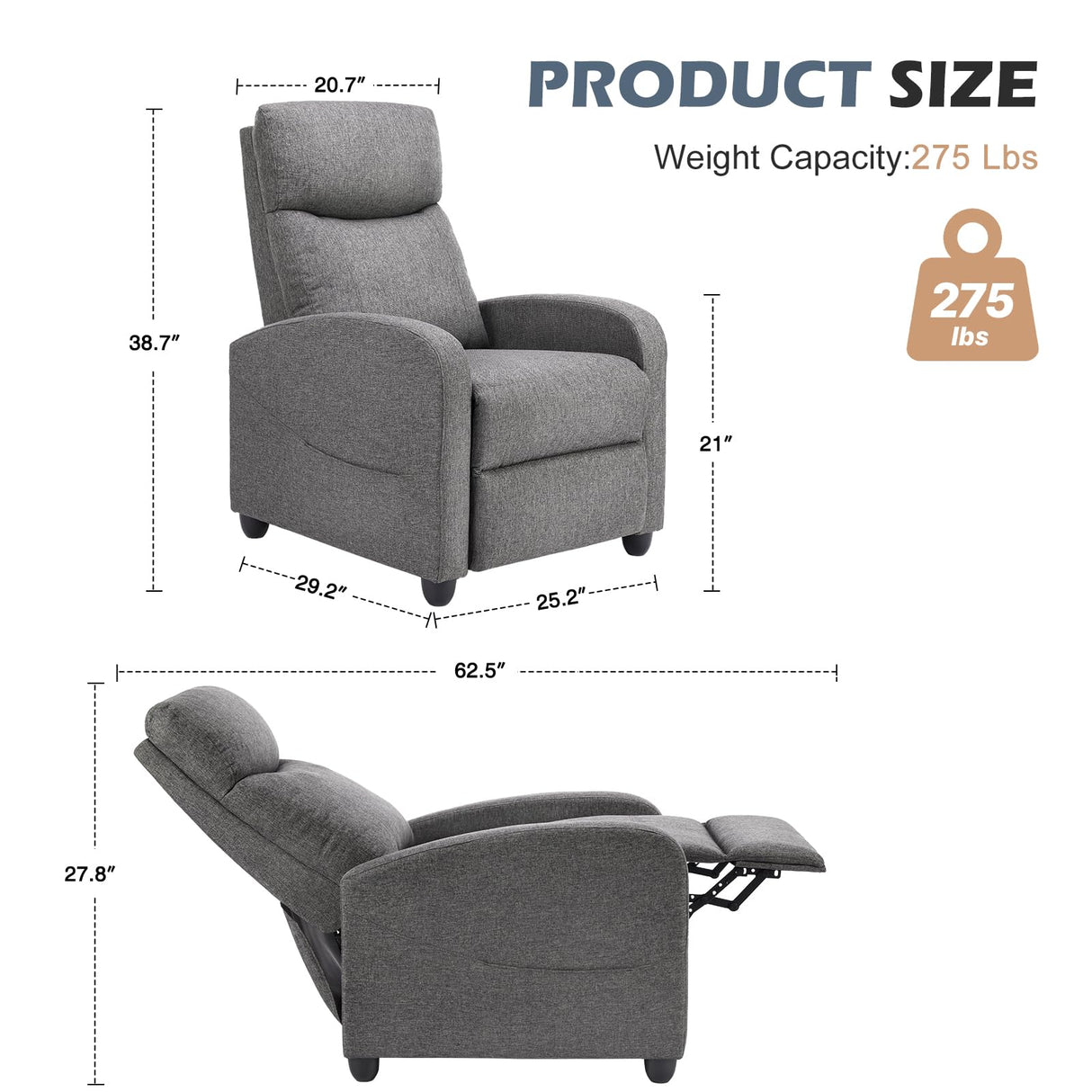 Sweetcrispy Massage Recliner Chair for Adults, Adjustable Home Theater Seating with Lumbar Support for Living Room, Modern Fabric Reclining, Cool Gray Sweetcrispy